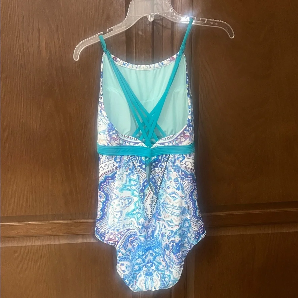 Prana Teal and Cream Patterned One Piece Swimsuit - Picture 8 of 8